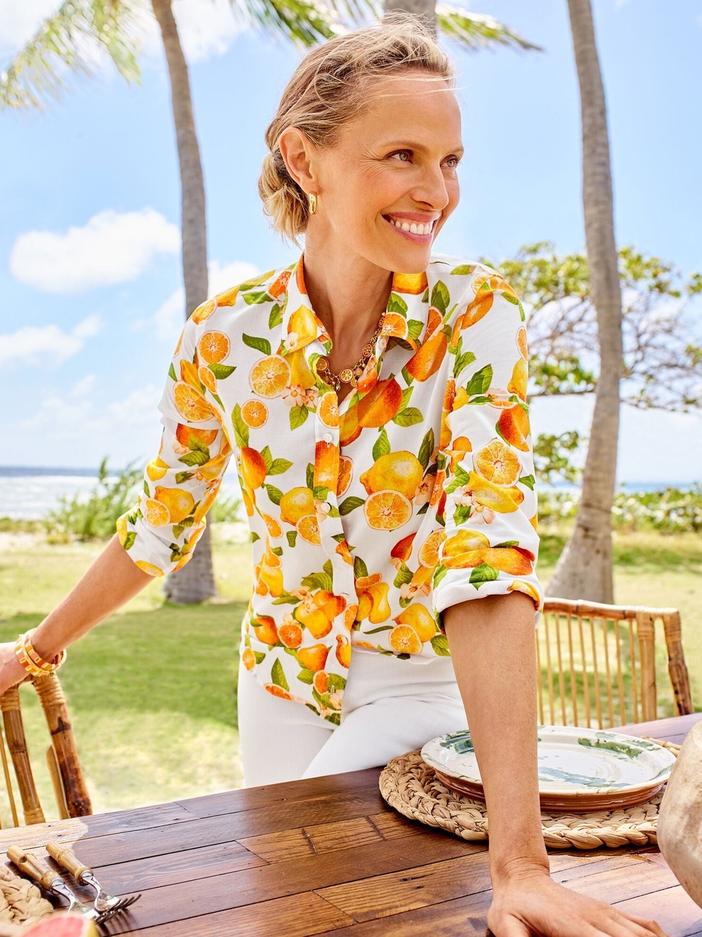 Talbots White Button-Down Shirt Orange Citrus Print Summer
